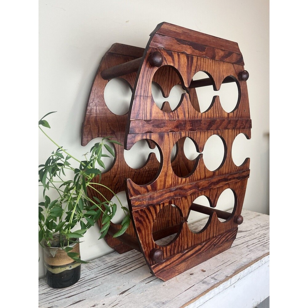 Vintage MCM Wooden Barrel Shaped Wine Rack 10 Bottle / Retro / Rare 21”x17” Home